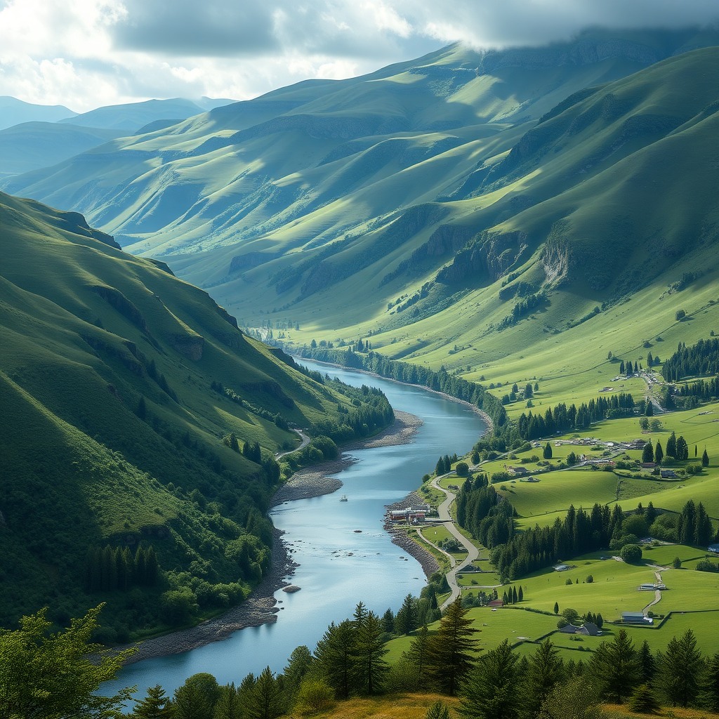 Photo-realistic editorial photography, realistic scene representing green valley with river