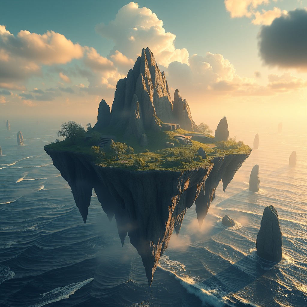 surreal floating islands above the ocean, fantasy landscape, epic scale, ultra detailed