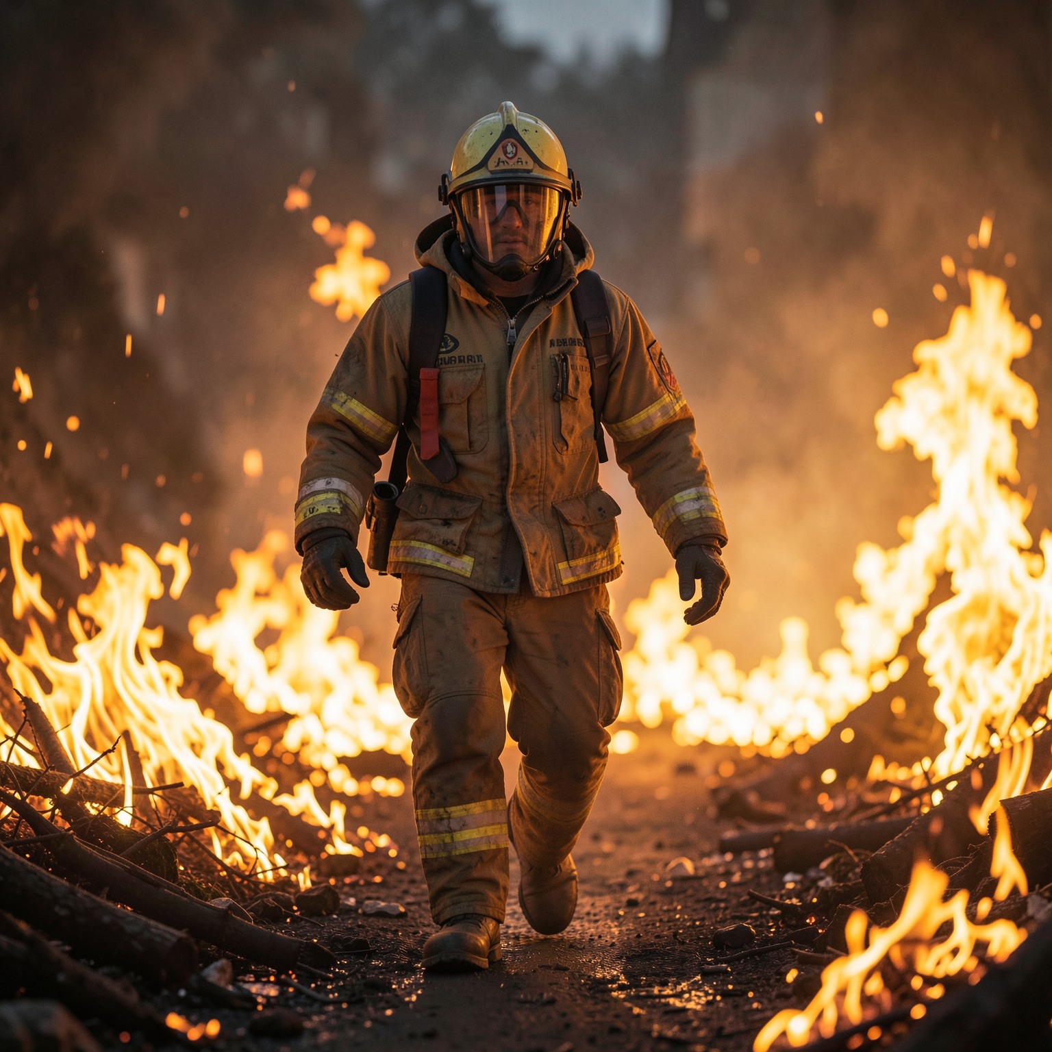 cinematic firefighter walking through flames