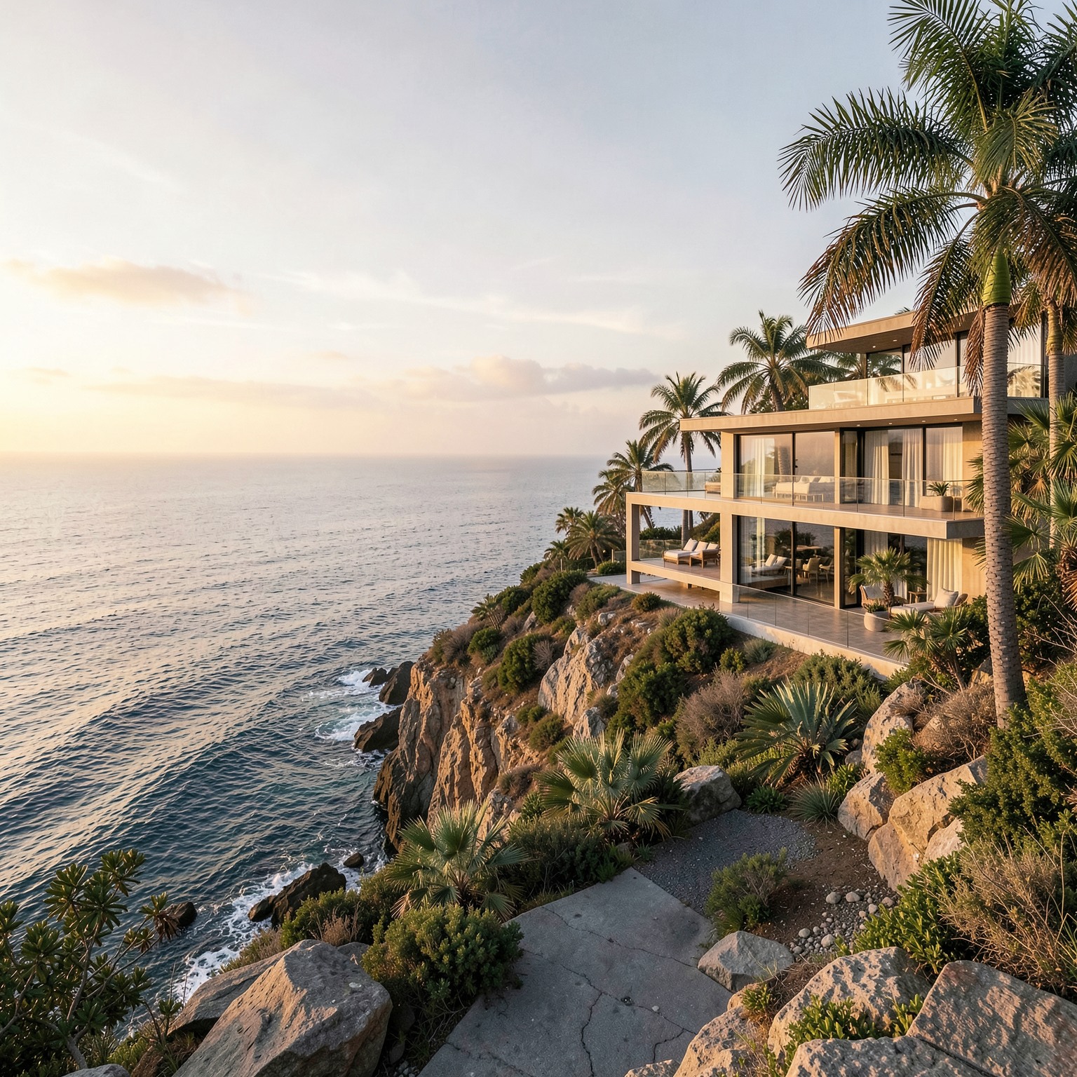 luxury modern villa on a cliff above the ocean during sunset, realistic architecture, palm trees, soft golden light