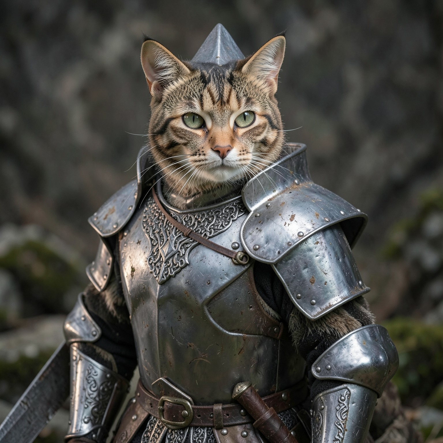 realistic cat wearing medieval knight armor