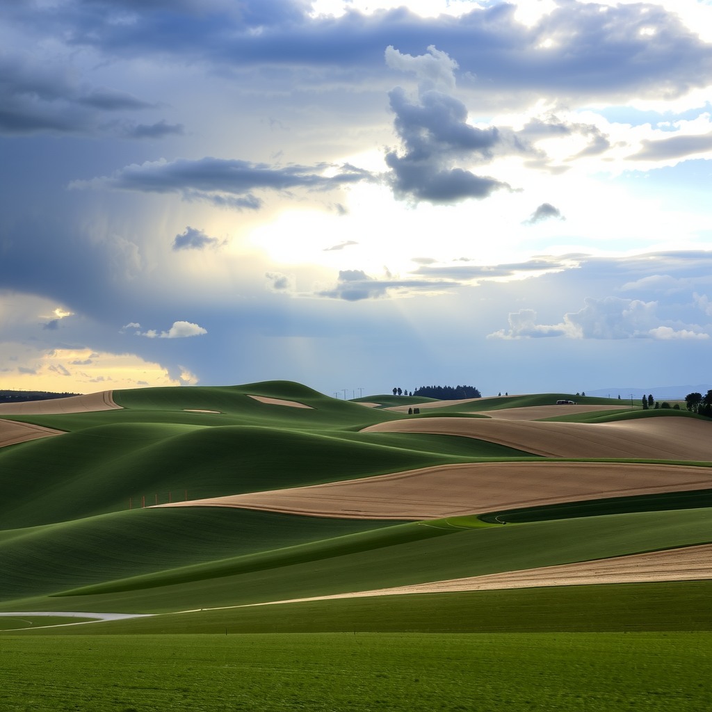 Realistic photograph of rolling farmland fields under dramatic sky, strong leading lines