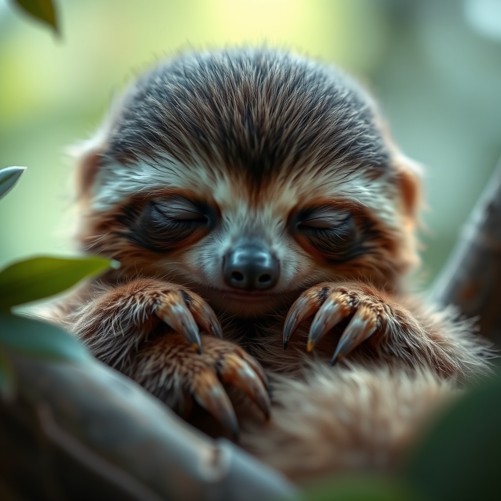 adorable baby sloth, sleepy expression, soft jungle light, ultra cute aesthetic