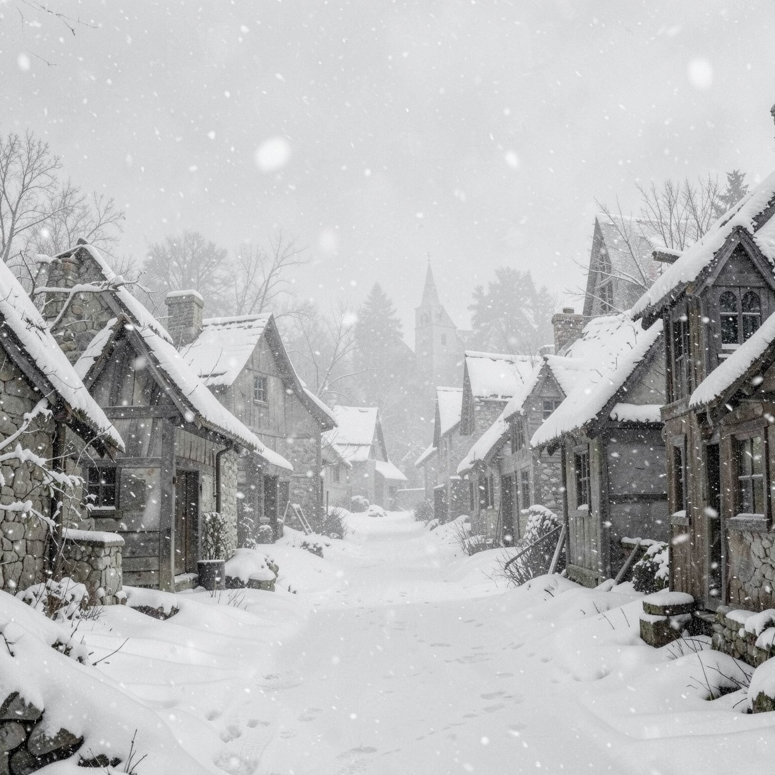 Medieval village during heavy snowfall