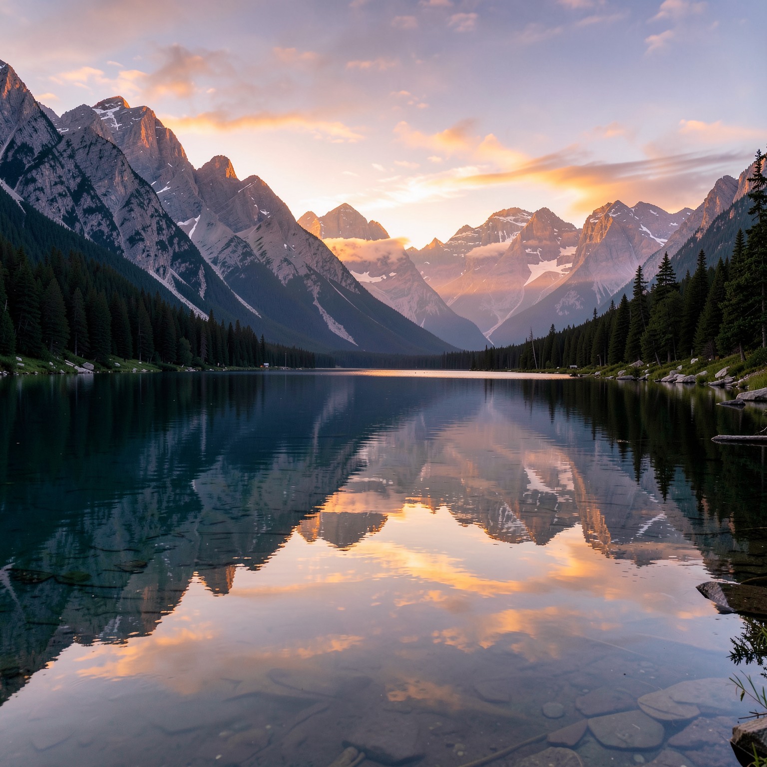 realistic mountain lake reflection during sunrise, ultra detailed nature