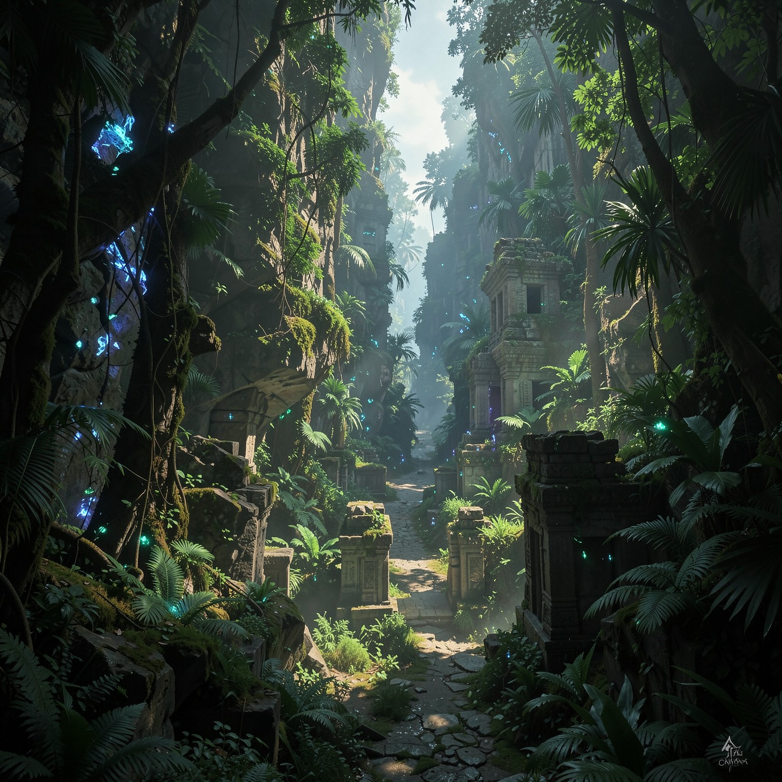 Ancient ruins hidden inside glowing jungle canyon