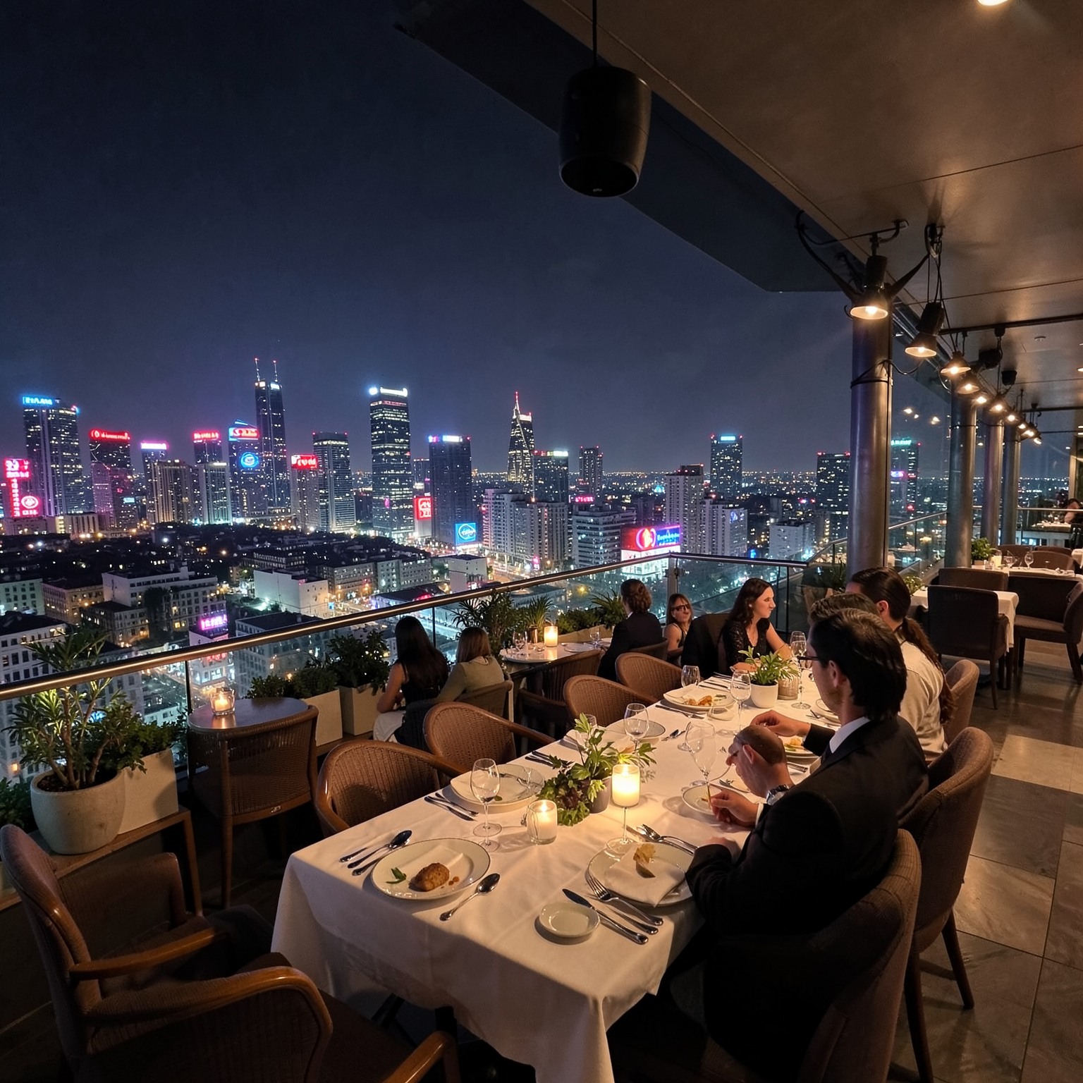 luxury rooftop restaurant overlooking neon city