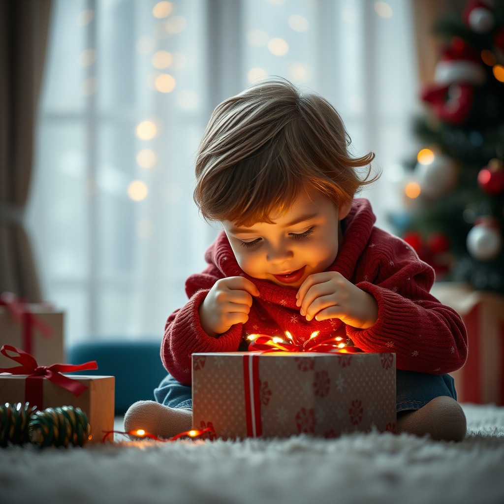 child opening christmas presents, emotional moment, cinematic realism