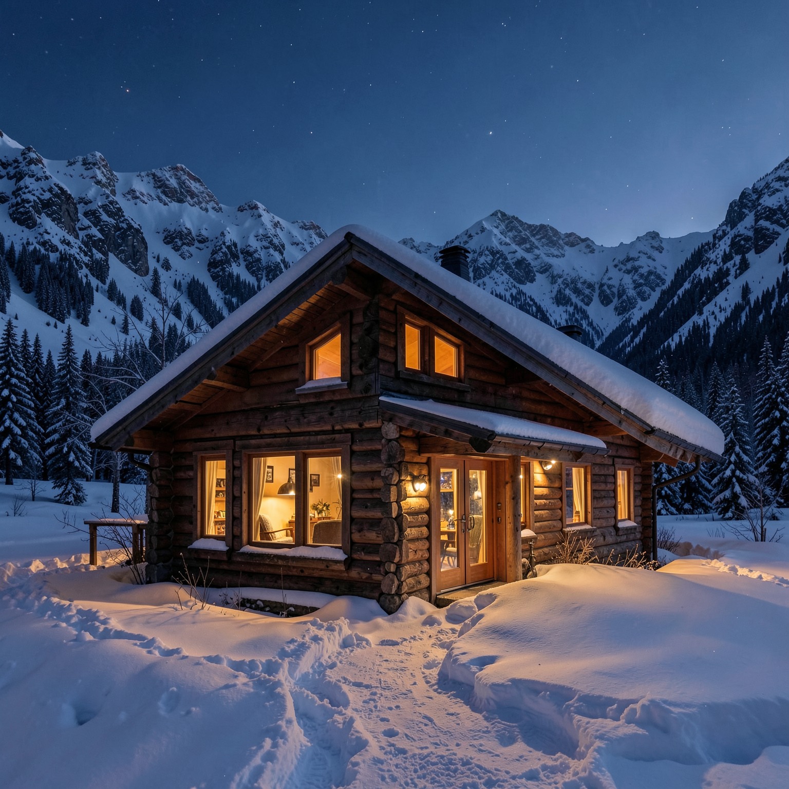 cozy cabin in snowy mountains with warm lights at night