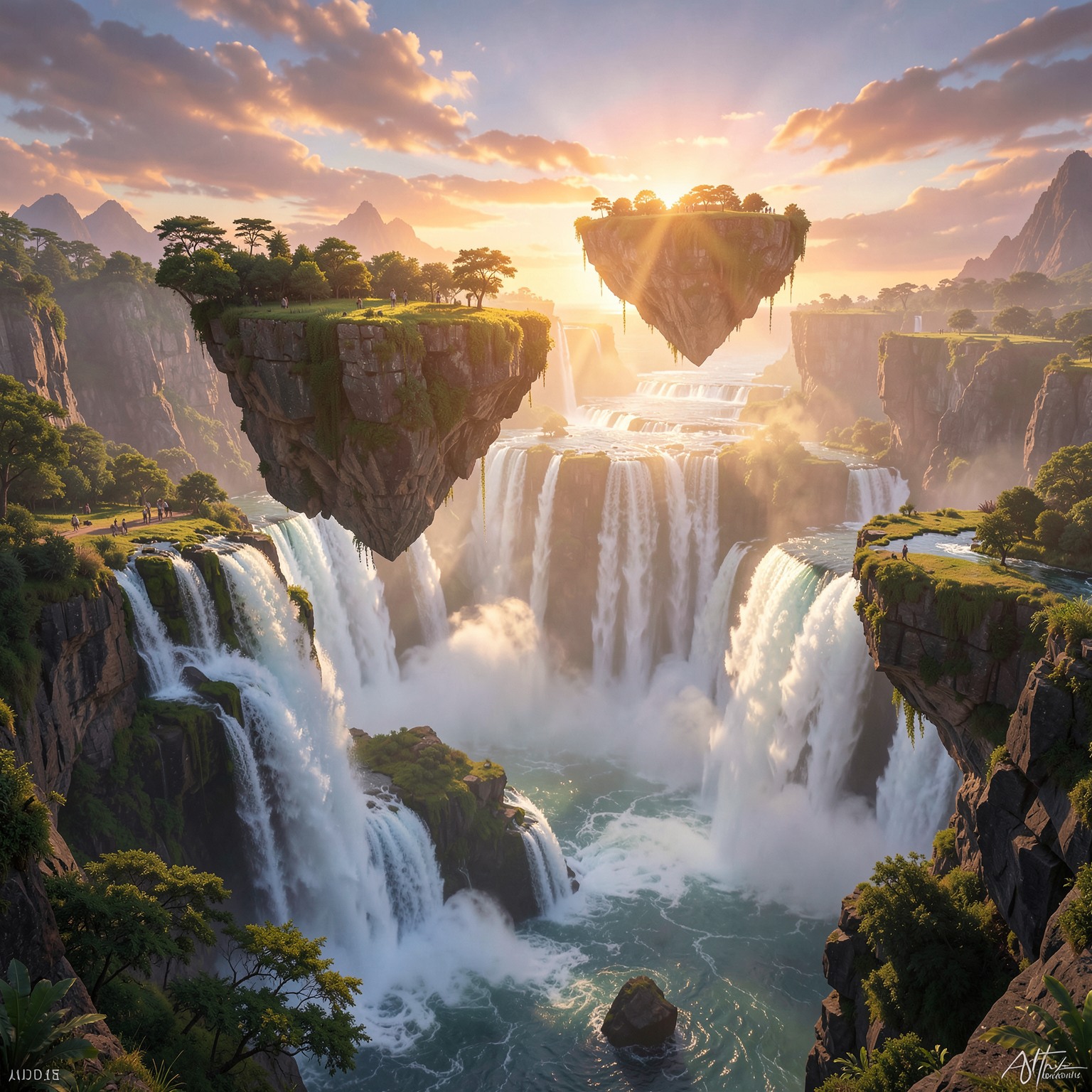 Floating islands above giant waterfalls, fantasy world, epic scale, sunrise atmosphere