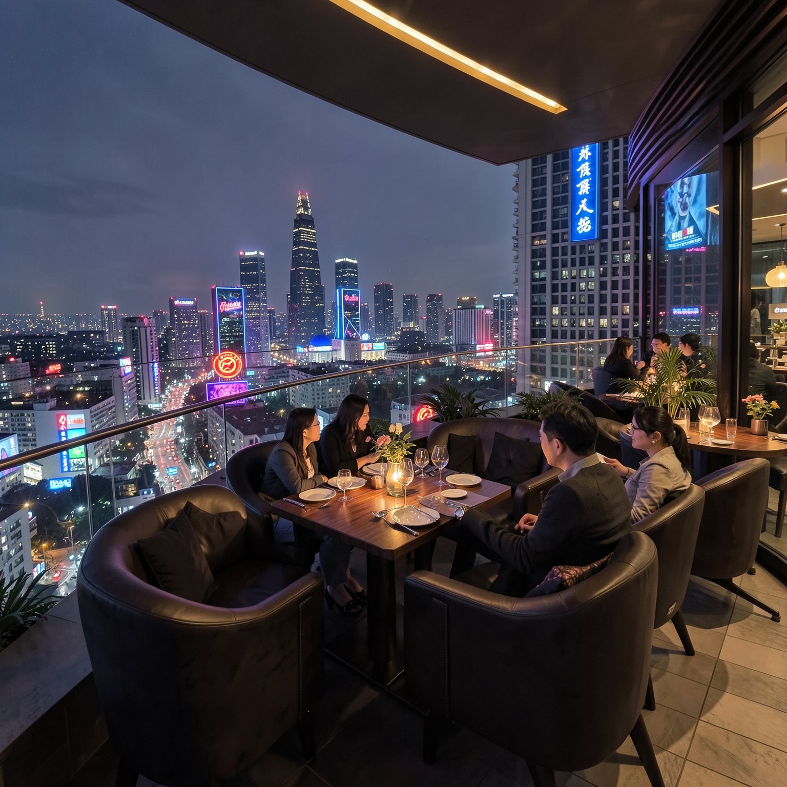 luxury rooftop restaurant overlooking neon city
