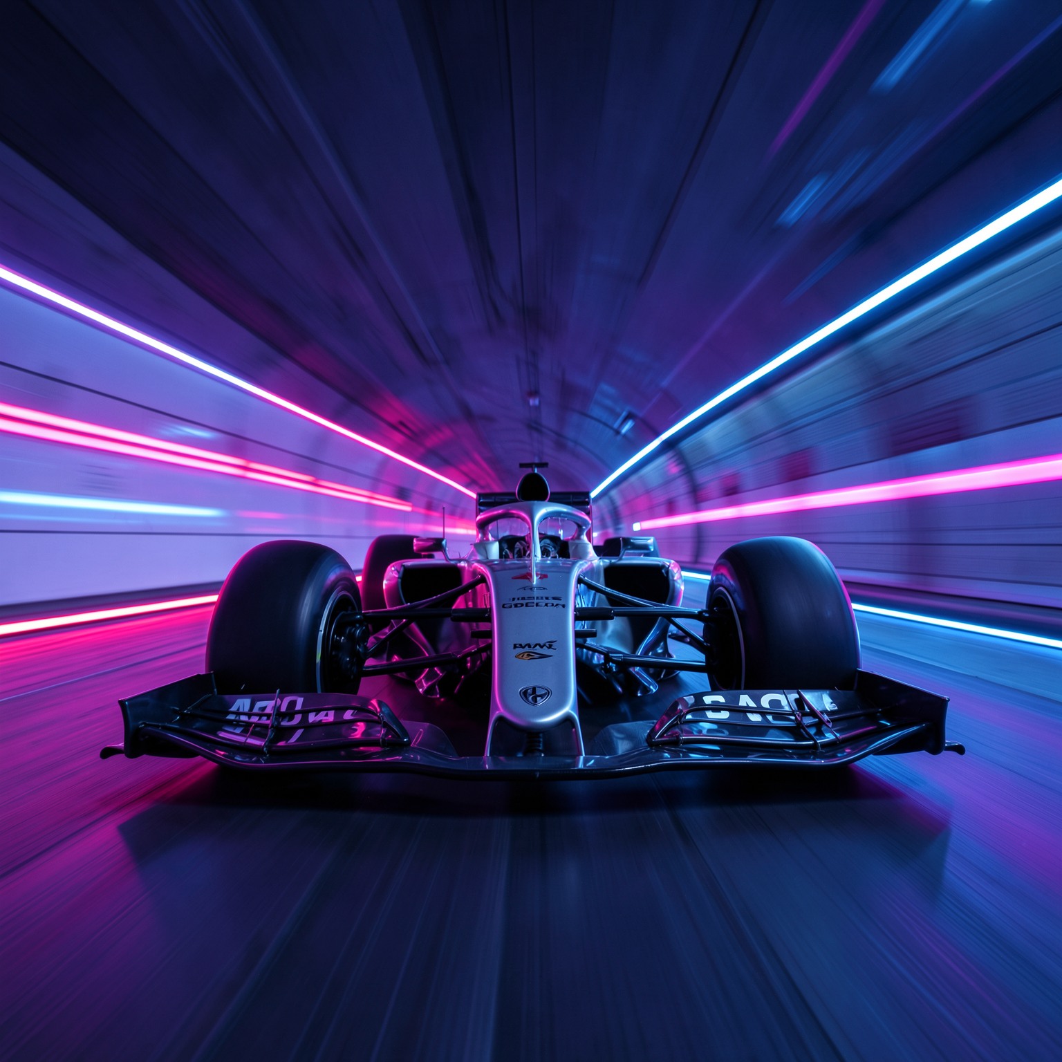 Futuristic Formula 1 car inside neon-lit tunnel, motion blur photography