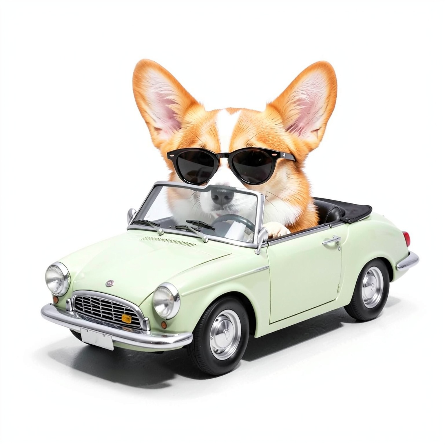 cute corgi wearing sunglasses driving tiny convertible car