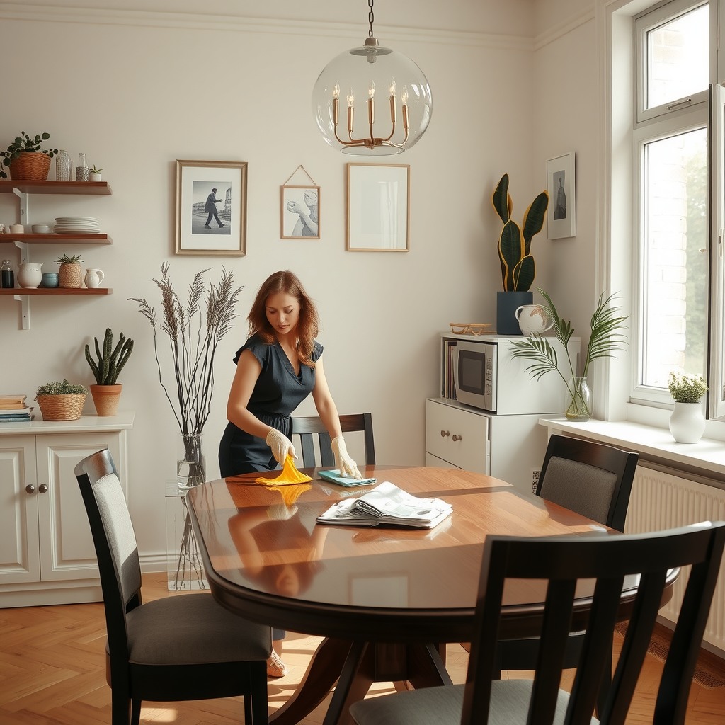 Photo-realistic editorial photography, realistic scene representing a woman cleaning dining table in bright apartment