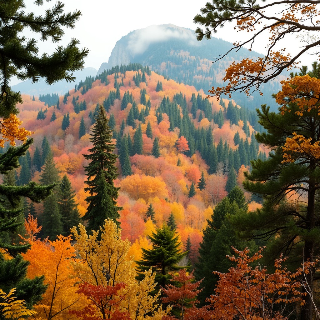 Realistic mountain forest in early autumn, subtle color transition, professional framing