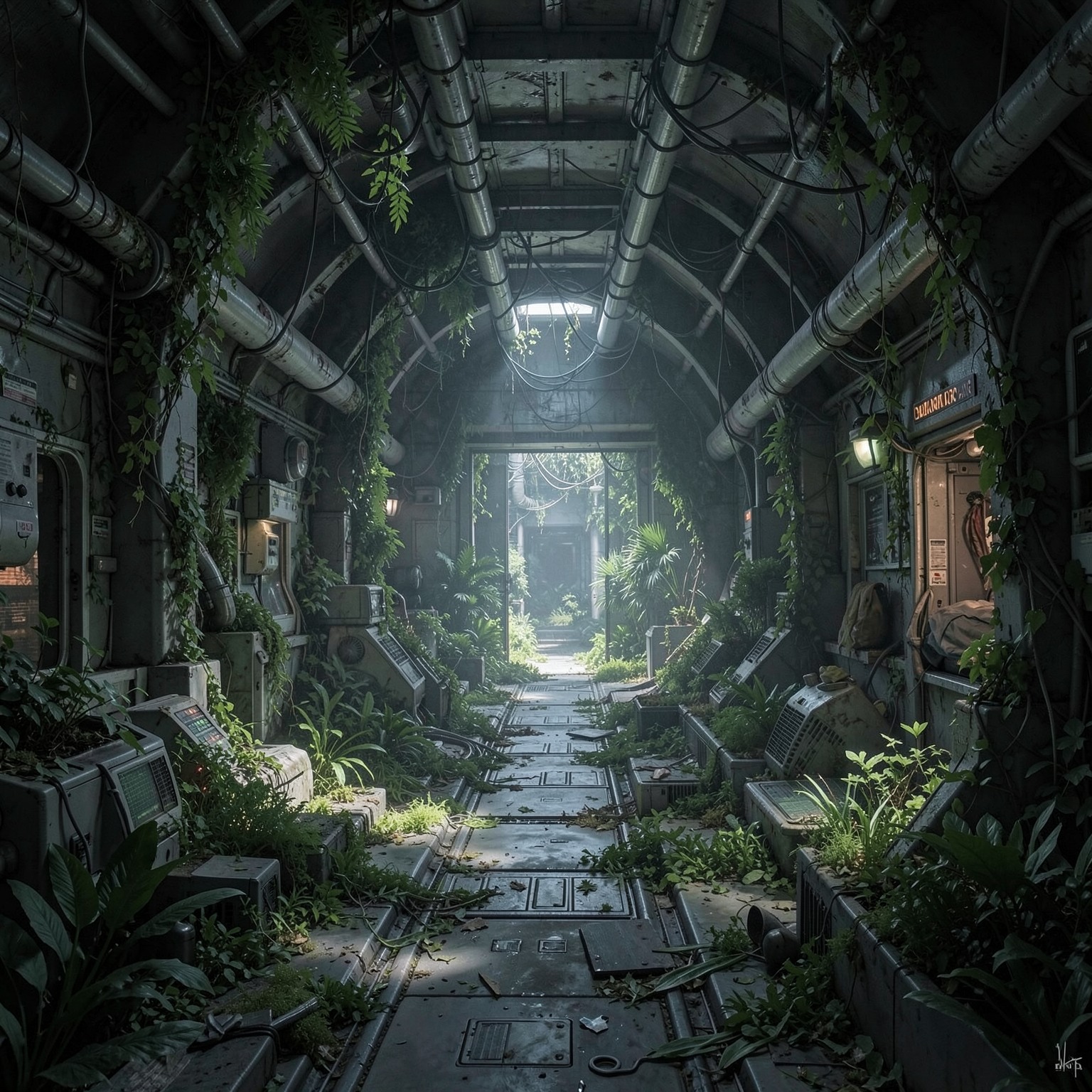 abandoned space station interior covered with plants and nature reclaiming technology