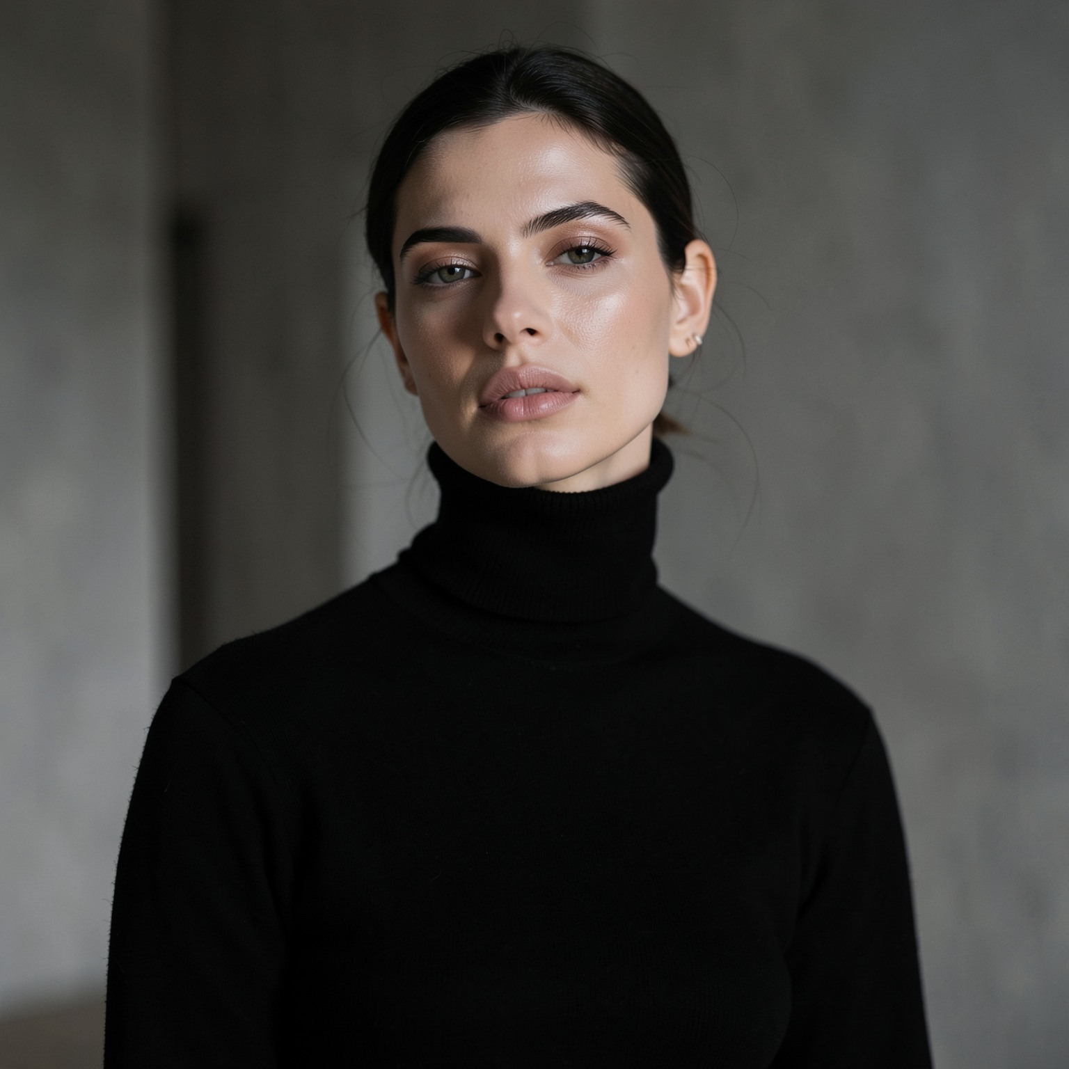 Cinematic beauty shot of woman wearing black turtleneck, minimalistic luxury style