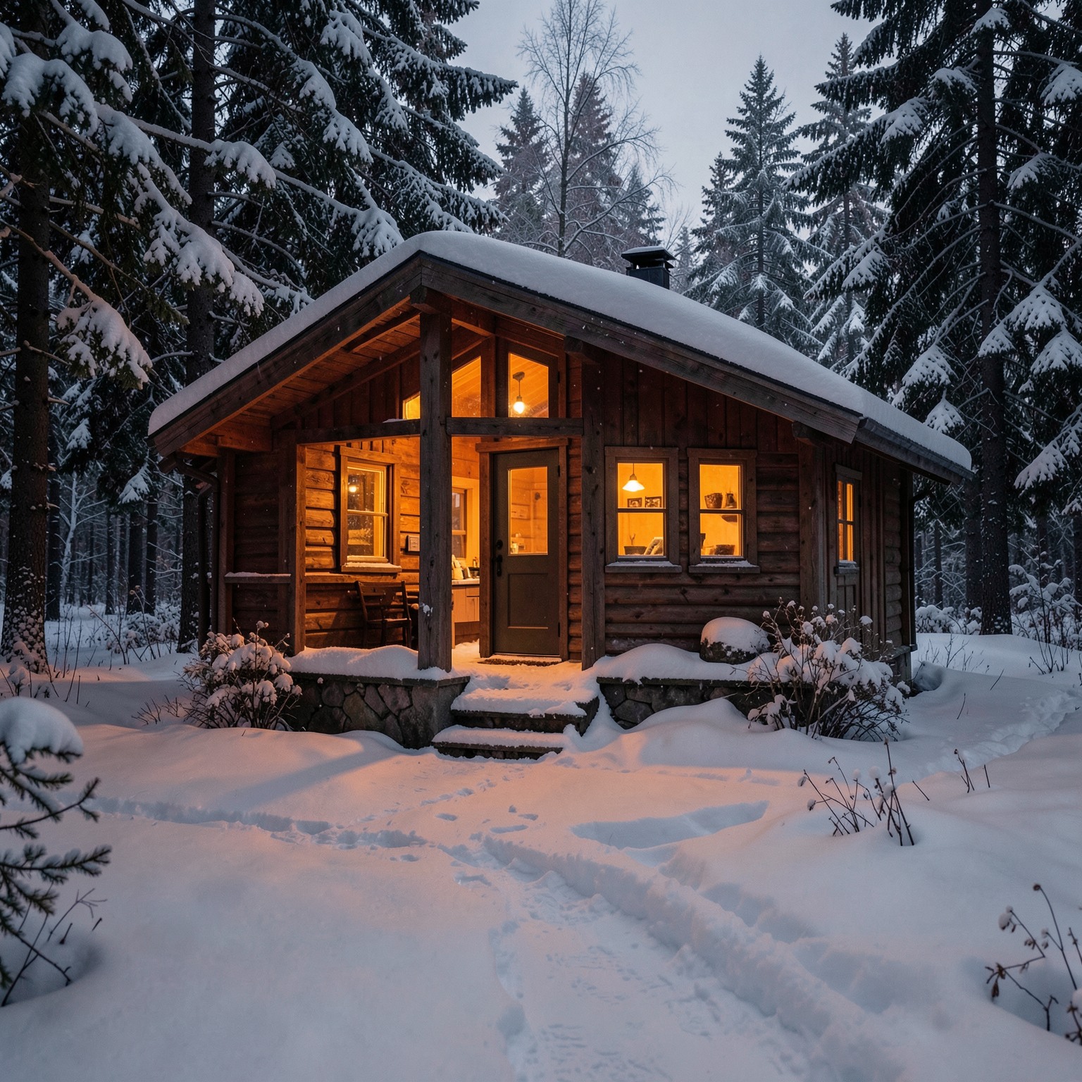 Scandinavian cabin in snowy forest with warm orange lights, cozy cinematic mood