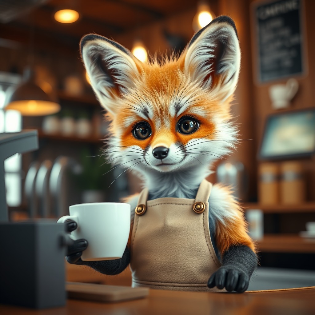 ultra cute baby fox working as a coffee barista, tiny apron, big sparkling eyes, cozy cafe interior, soft warm light, shallow depth of field, high detail fur, cinematic composition, whimsical style