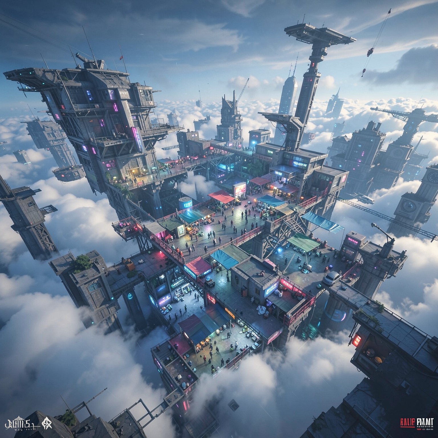 floating cyberpunk marketplace above clouds