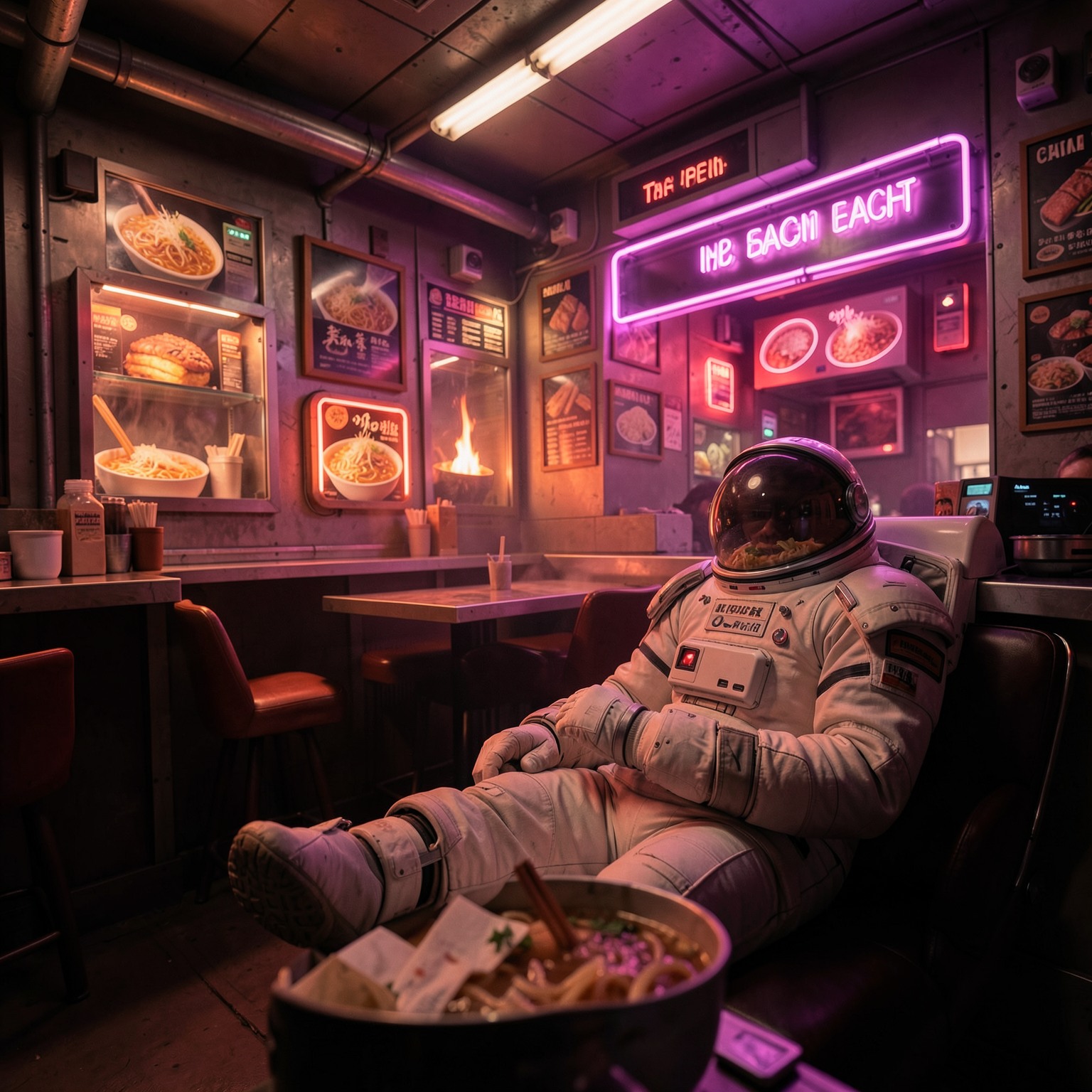 astronaut relaxing in a neon-lit ramen bar on Mars, cinematic sci-fi atmosphere