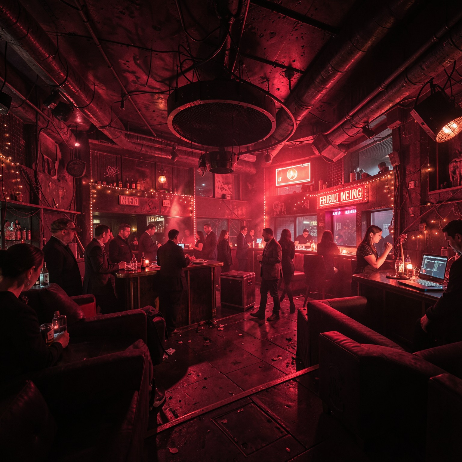 Luxury underground nightclub in dystopian city, red ambient lighting