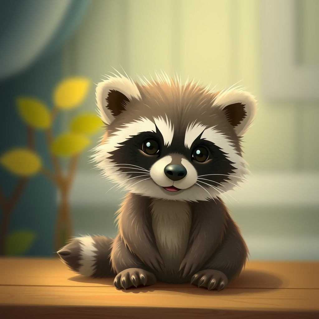 tiny raccoon, cozy indoor light, whimsical cute style
