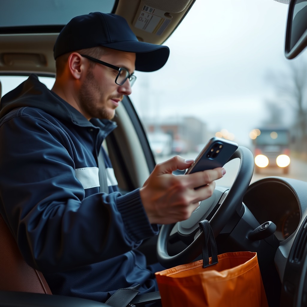 Photo-realistic editorial photography, realistic scene representing a delivery driver checking route on smartphone