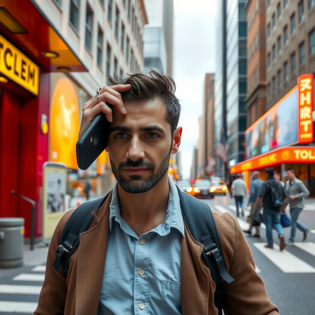 Photo-realistic editorial photography, realistic scene representing a man talking on smartphone while walking through city street