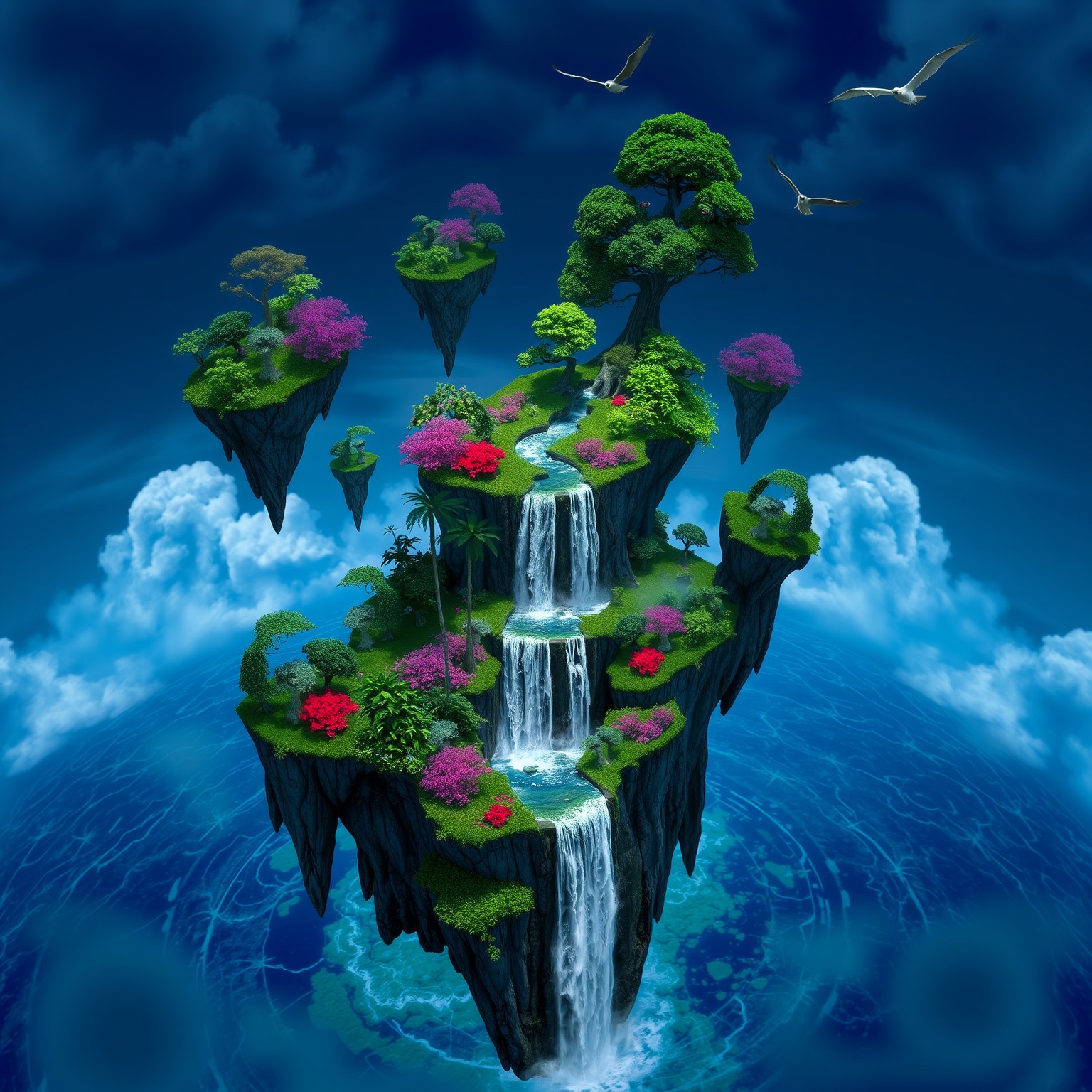 A surreal landscape of floating islands above a mystical sea, with waterfalls cascading into the abyss, vibrant foliage and creatures soaring through the skies.