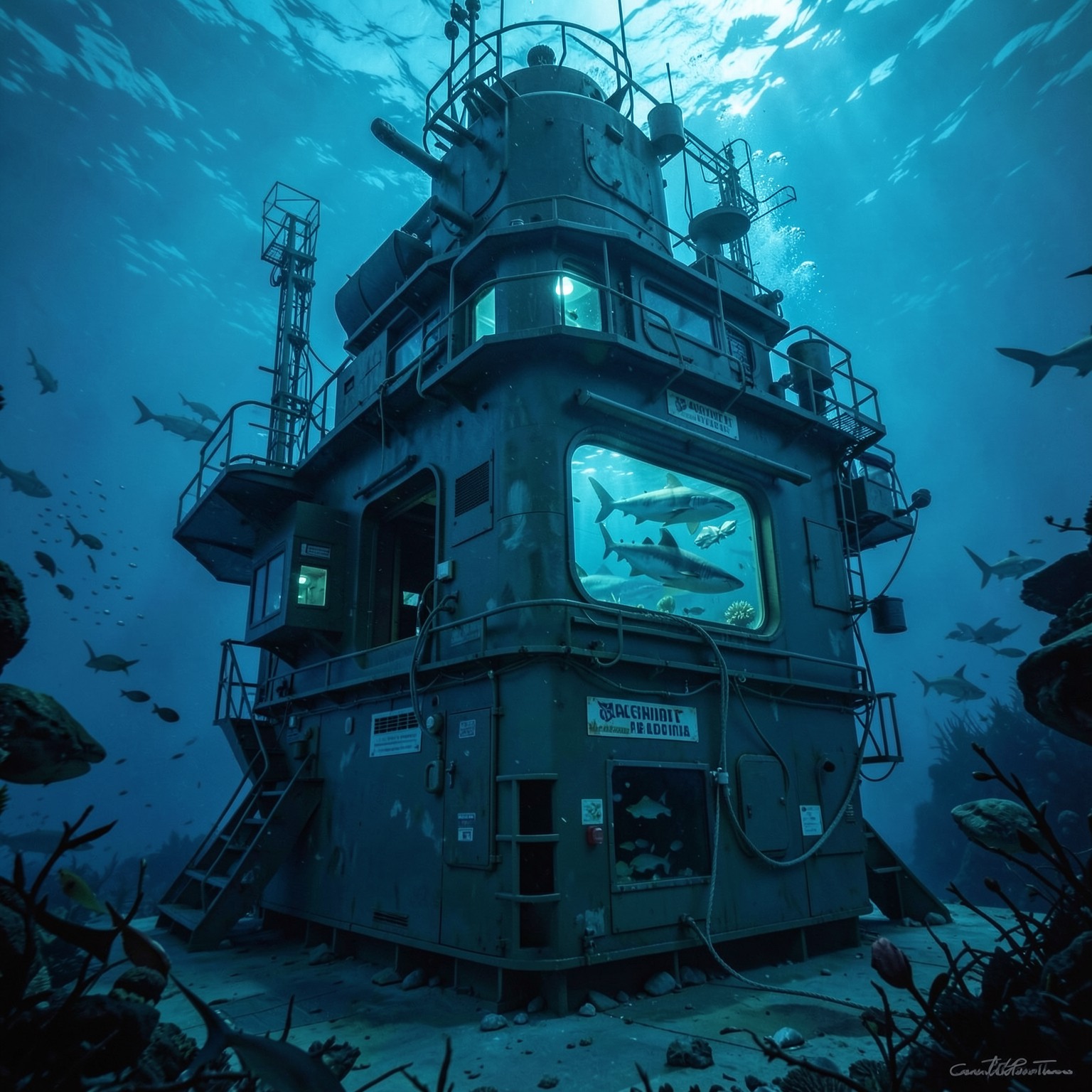 Deep ocean research station with sharks outside windows
