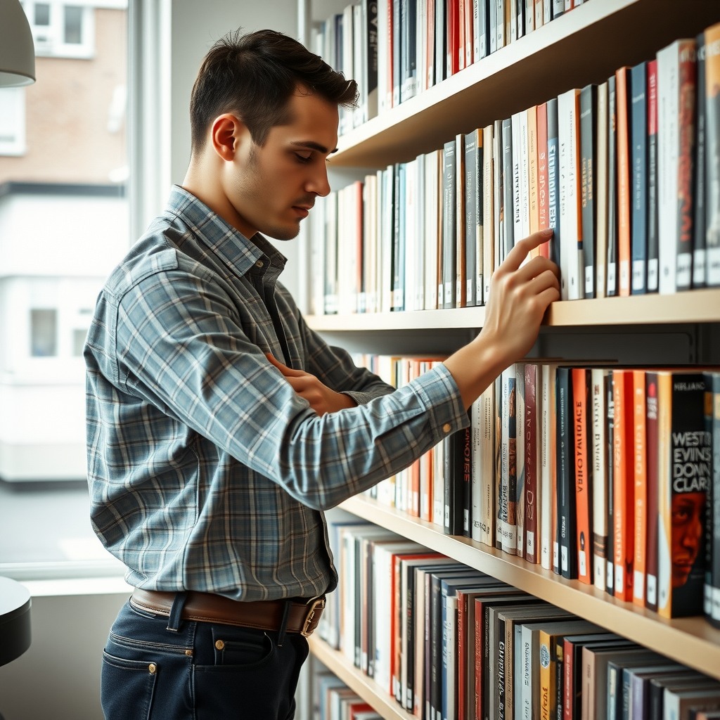 Photo-realistic editorial photography, realistic scene representing a man arranging books on shelf