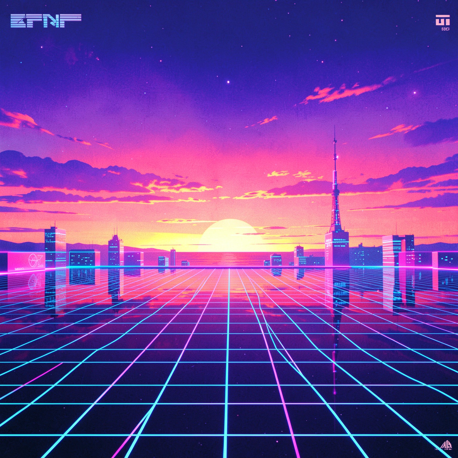 Vibrant synthwave sunset with retro grid landscape, 1980s aesthetic