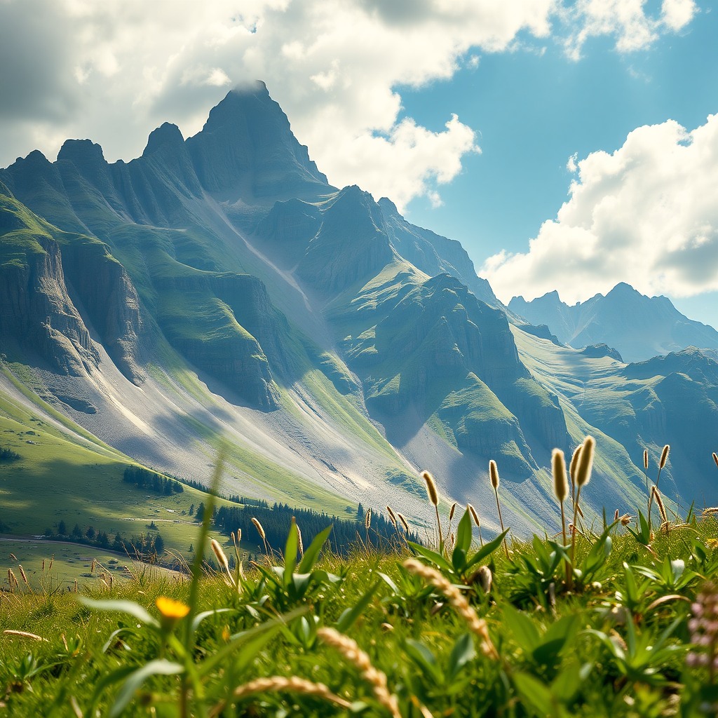 Photo-realistic editorial photography, realistic scene representing alpine meadow