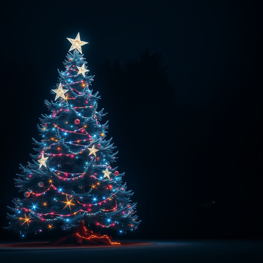 magical christmas tree glowing at night, fairy lights, fantasy mood