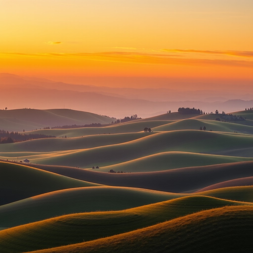 golden hour landscape of rolling hills, cinematic colors, ultra sharp
