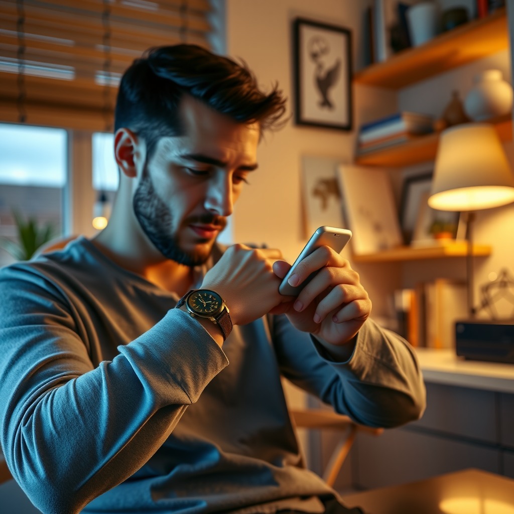 Photo-realistic editorial photography, realistic scene representing a man using smartwatch at home