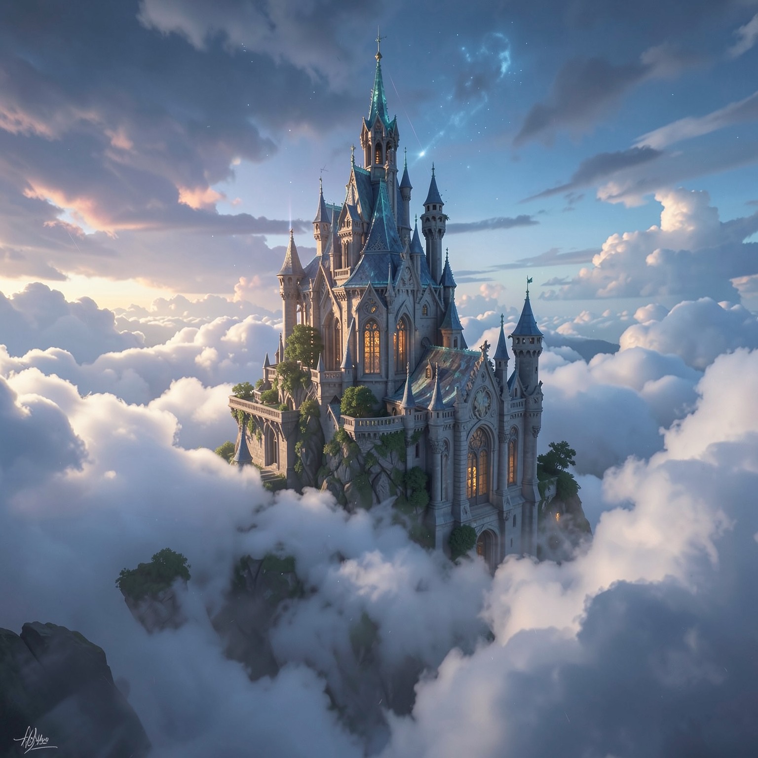 fantasy mage tower above clouds