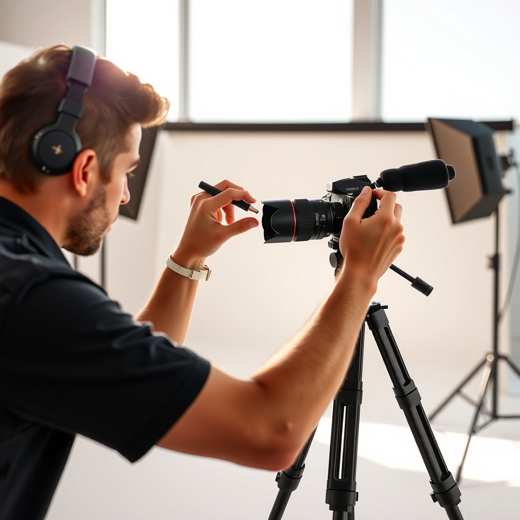 Photo-realistic editorial photography, realistic scene representing a photographer adjusting DSLR camera in studio, soft natural light, professional setup