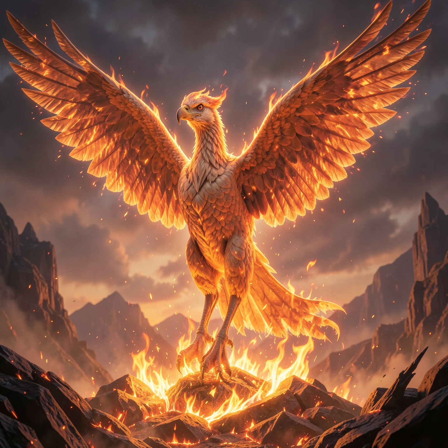 fantasy phoenix rising from fire with cinematic flames