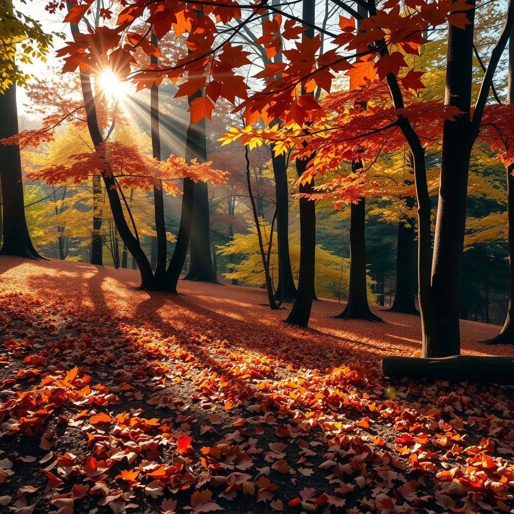 Realistic autumn forest with colorful leaves, sunlight filtering through trees, high dynamic range