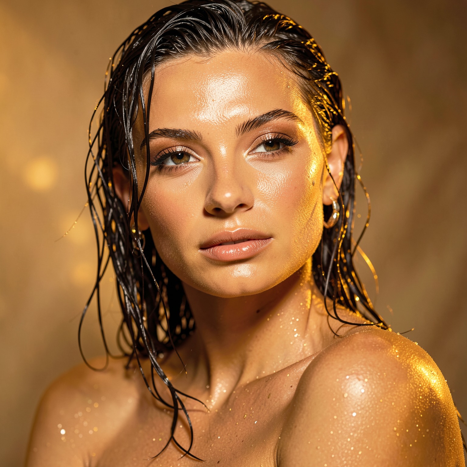 Glamorous beauty shot with wet hair and golden skin highlights