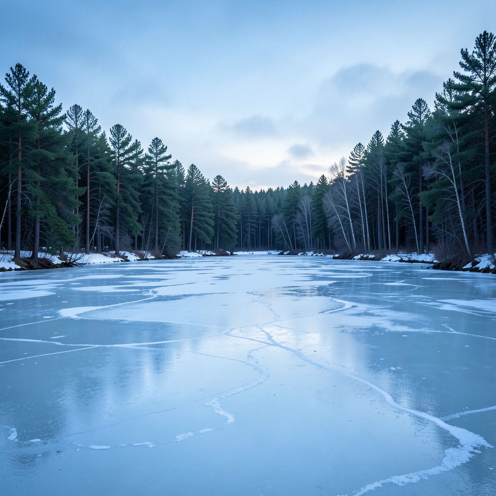 Realistic photograph of a frozen lake surrounded by pine trees, cold blue tones