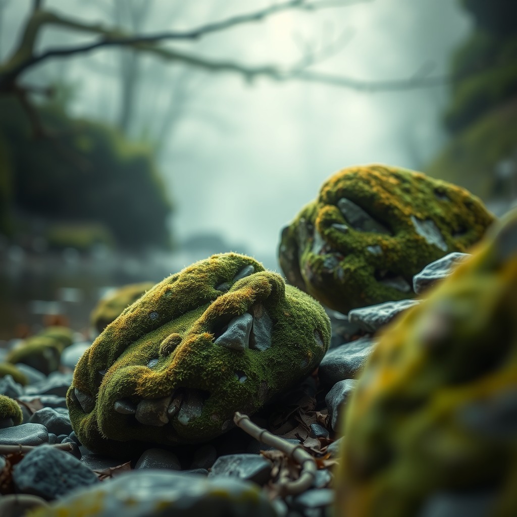 Photo-realistic editorial photography, realistic scene representing moss-covered rocks