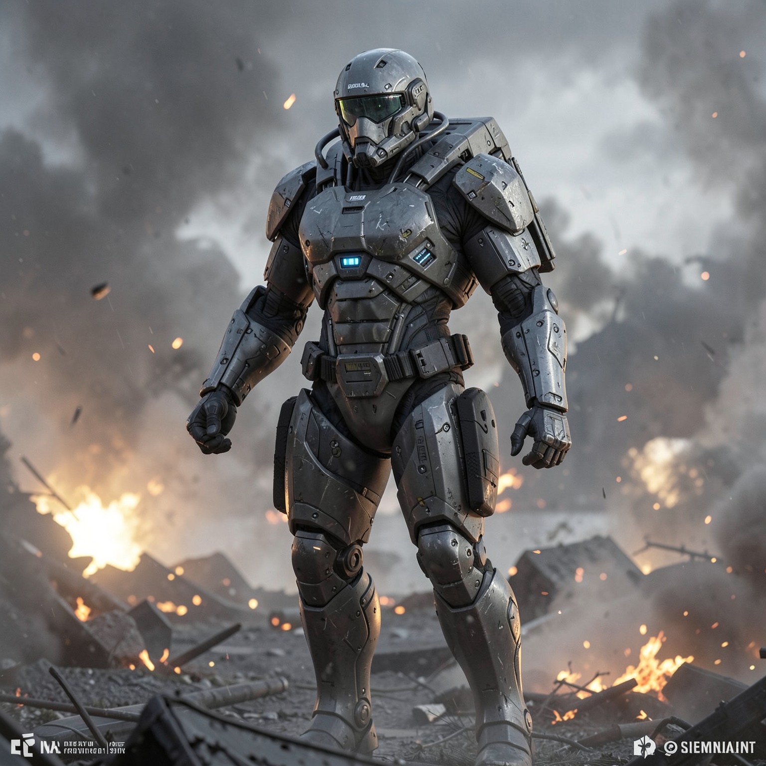 futuristic military exosuit soldier in battlefield smoke