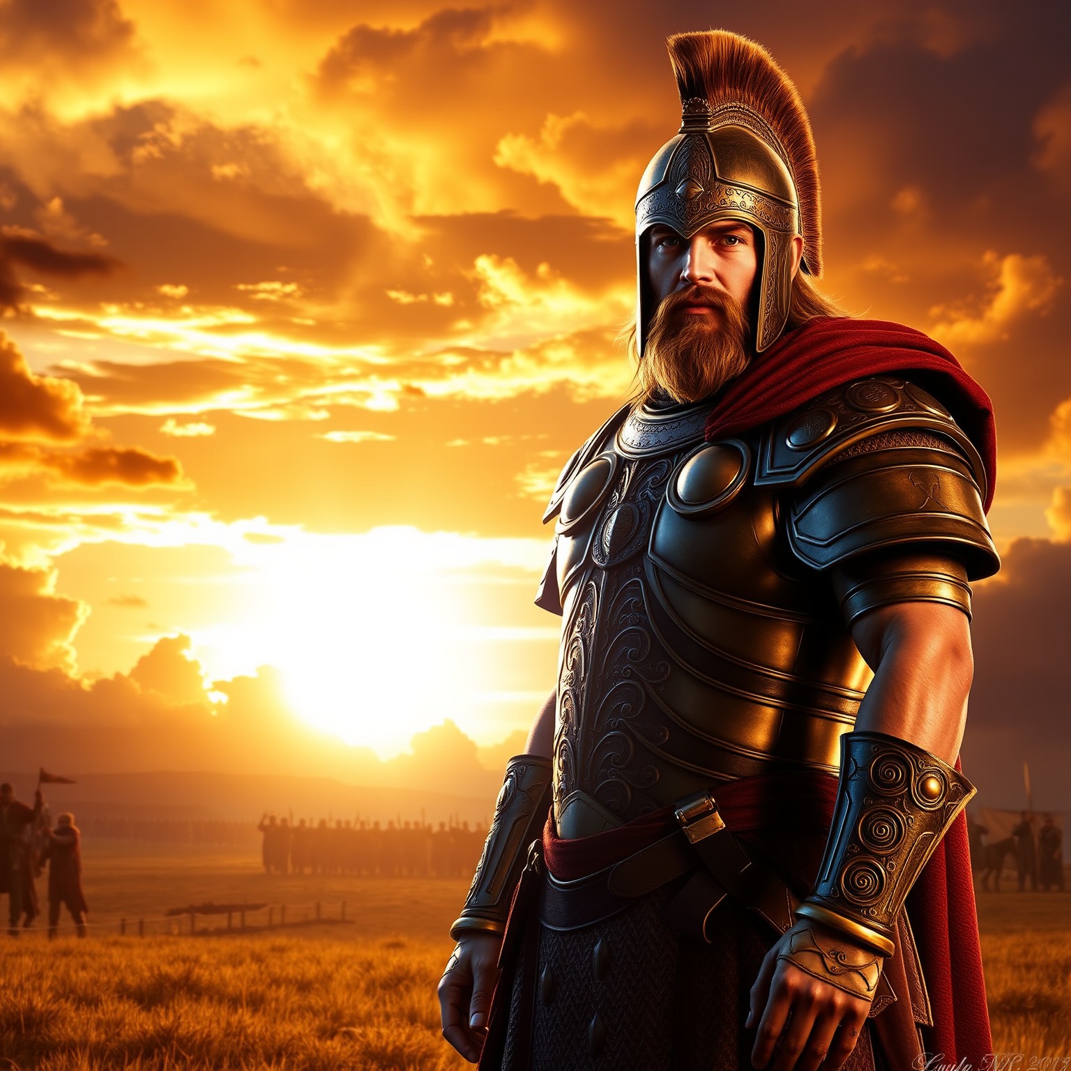 A photorealistic portrait of an ancient warrior standing on a battlefield at sunset, detailed armor glistening in the golden light, with a dramatic sky filled with swirling clouds.