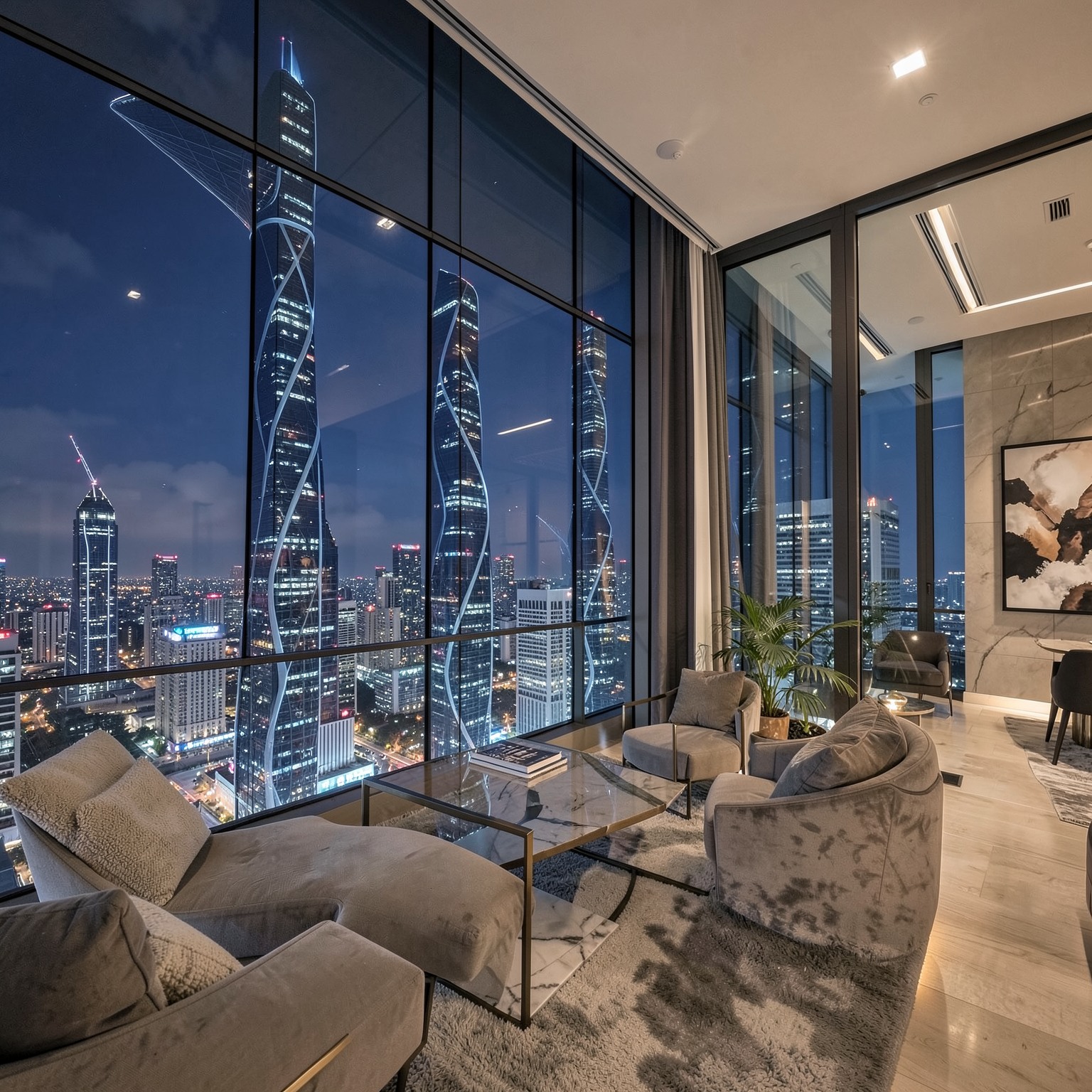 luxury penthouse interior overlooking futuristic skyline at night