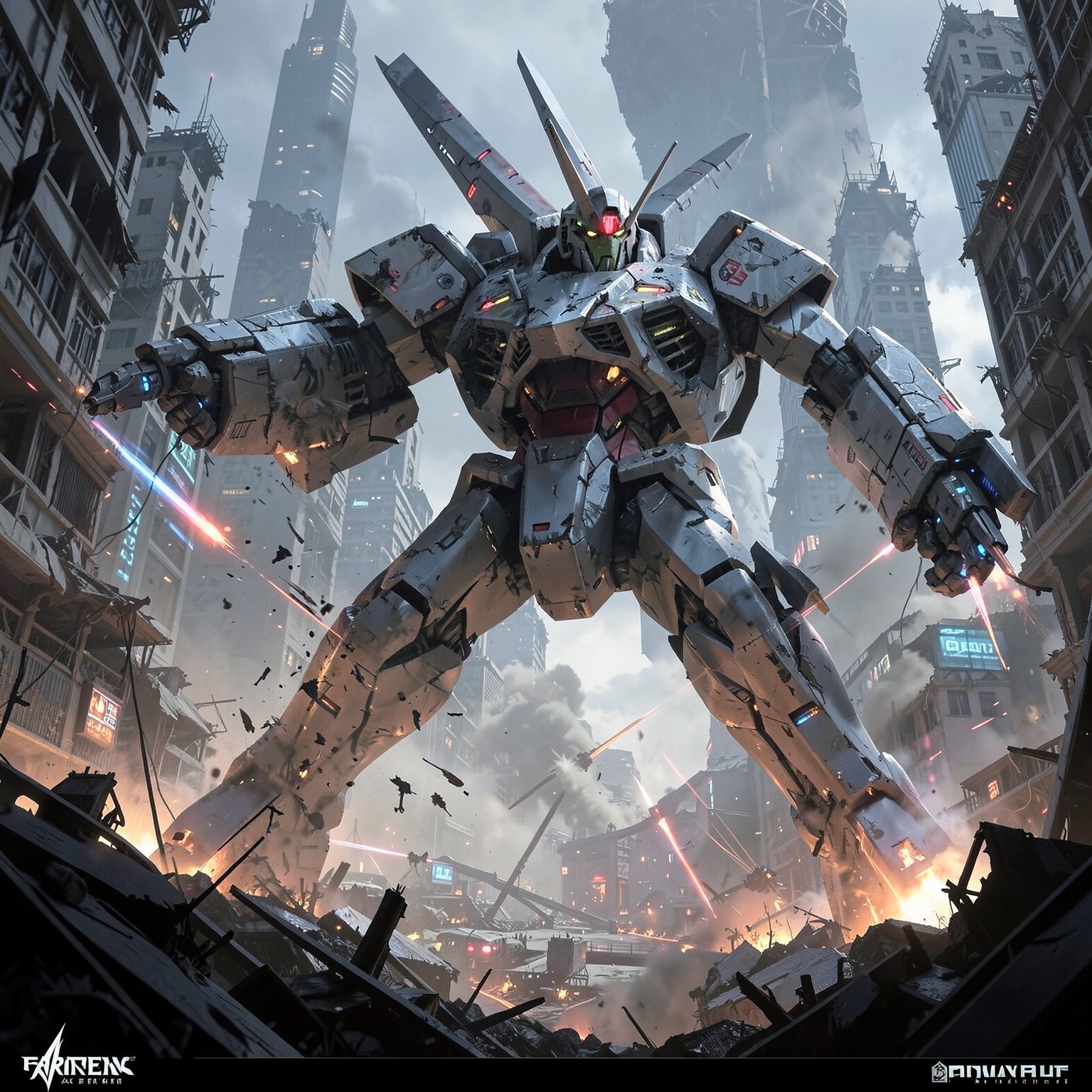 giant mecha battle in destroyed futuristic city