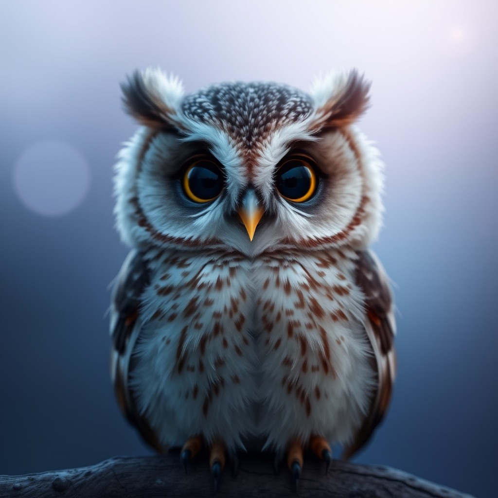 adorable baby owl, round face, soft feathers, twilight light, magical cute mood