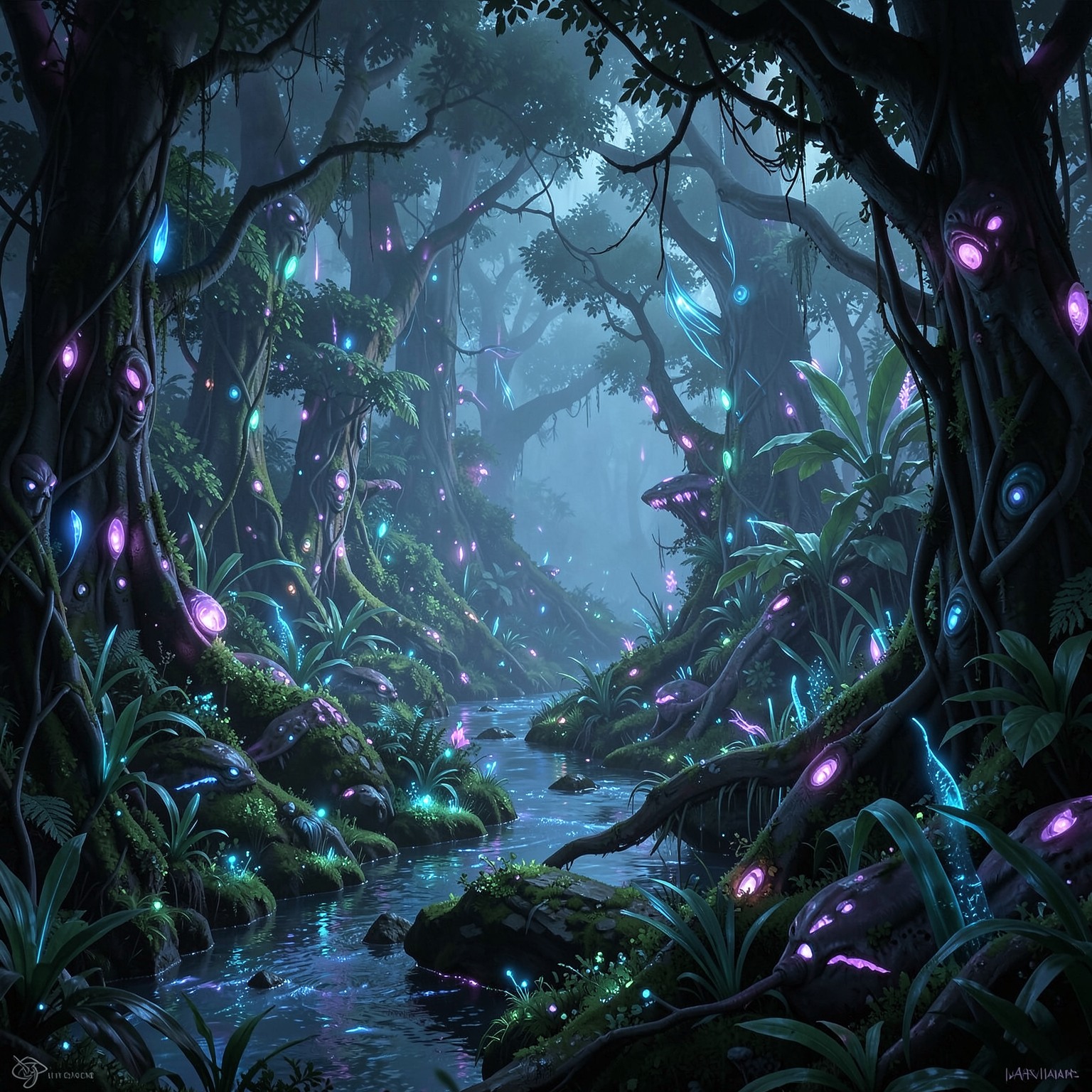 Alien jungle with bioluminescent trees and rivers